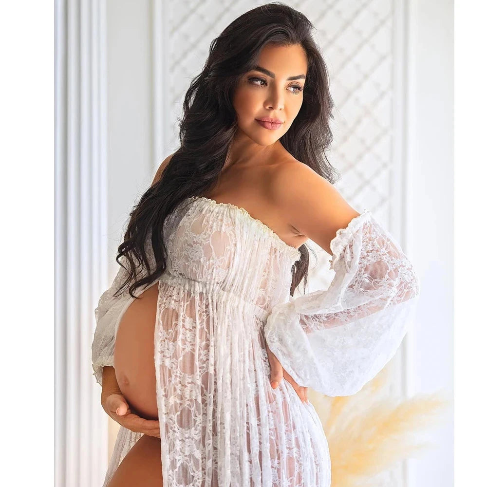Maternity Photography Dresses Sexy Off Shoulder Mesh Lace Maxi Dress White Long Pregnancy Women Gown Photoshoot Props Accessorie