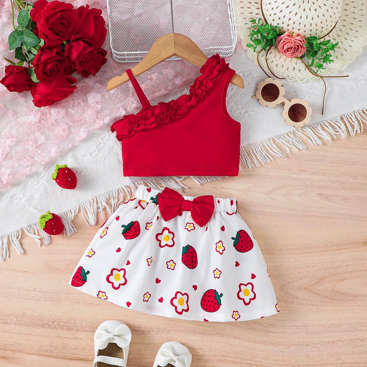Baby clothing Baby girls Ruffle Sleeveless Top Bow and Strawberry Print Skirt Fashionable Set for 0-3 Year Toddler Baby Girls