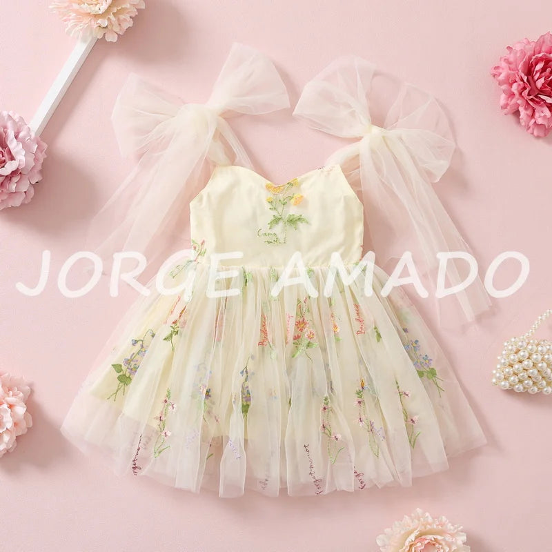 2026 Easter Kids Dress Girl Summer Dress Floral Bow Sleeveless Dance Performance Dress Girls Clothes E1236