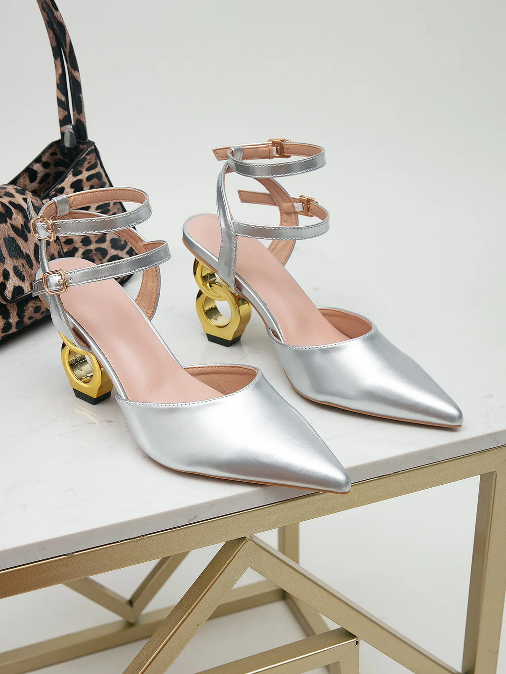 Elegant Gold Strange Heels Sandals Women Sexy Pointed Toe Ankle Strap Office Lady Party Shoes High Heels Sandals