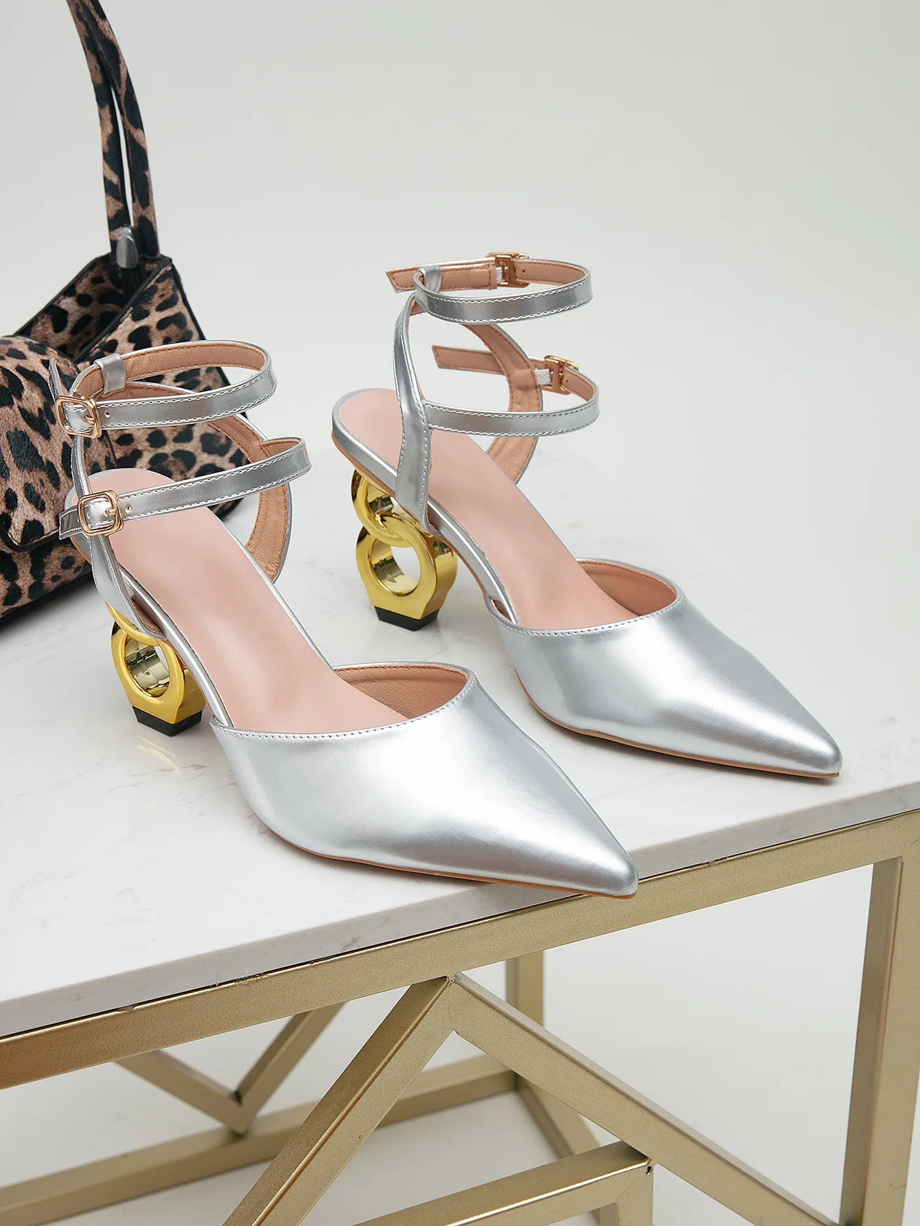 Elegant Gold Strange Heels Sandals Women Sexy Pointed Toe Ankle Strap Office Lady Party Shoes High Heels Sandals