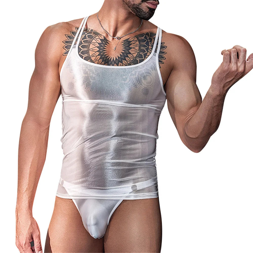 Sexy Men Oil Glossy Shiny Tank Tops Thin High Elastic Men Fashion Vest Shaper Wear Sleeveless T-shirts Allure Cross Tops