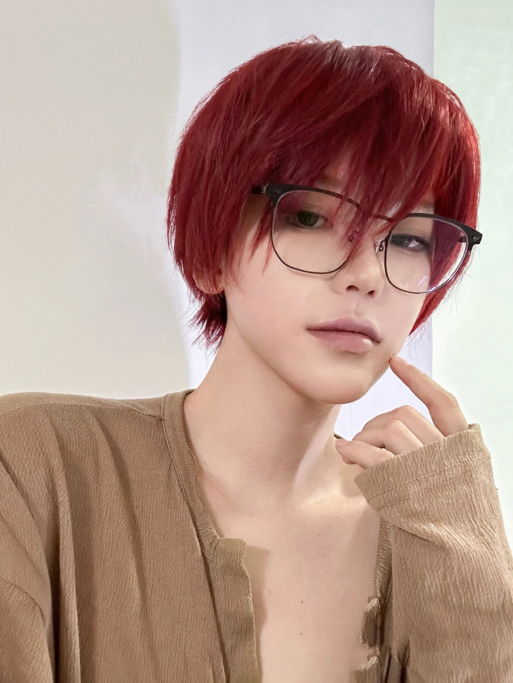 8Inch Wine Red Color Handsome Synthetic Wigs With Bangs Short Straight Hair For Man or Women Daily Use Cosplay Heat Resistant
