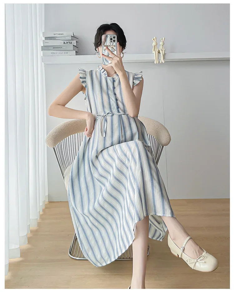 Maternity Clothes Spring Autumn Pregnancy Dresses Pregnant Women Lantern Sleeve High Waist V Neck  Clothing