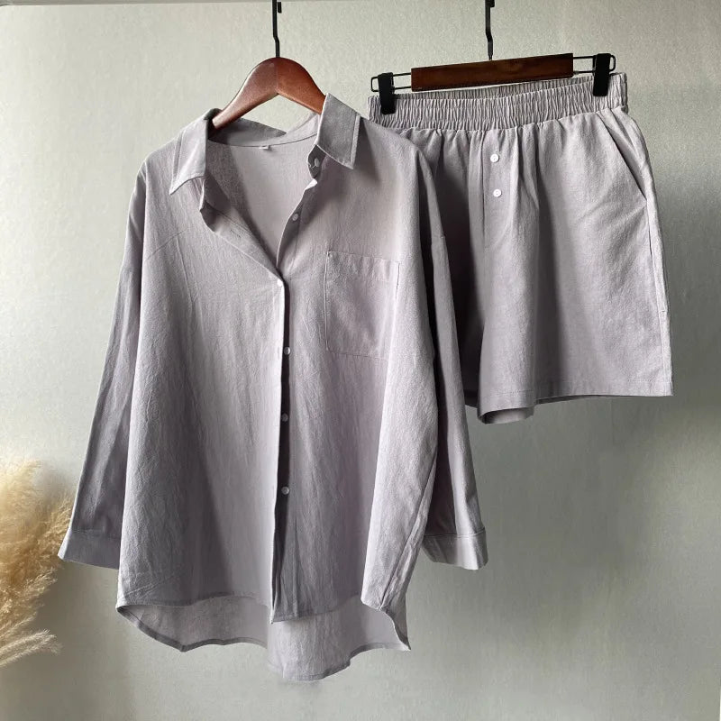 Two Piece Set Women Home Suit 2024 Cotton Linen Shorts Pajamas Sets Vintage Boho Shirt High Waist Loose Shorts Sets Sleepwear