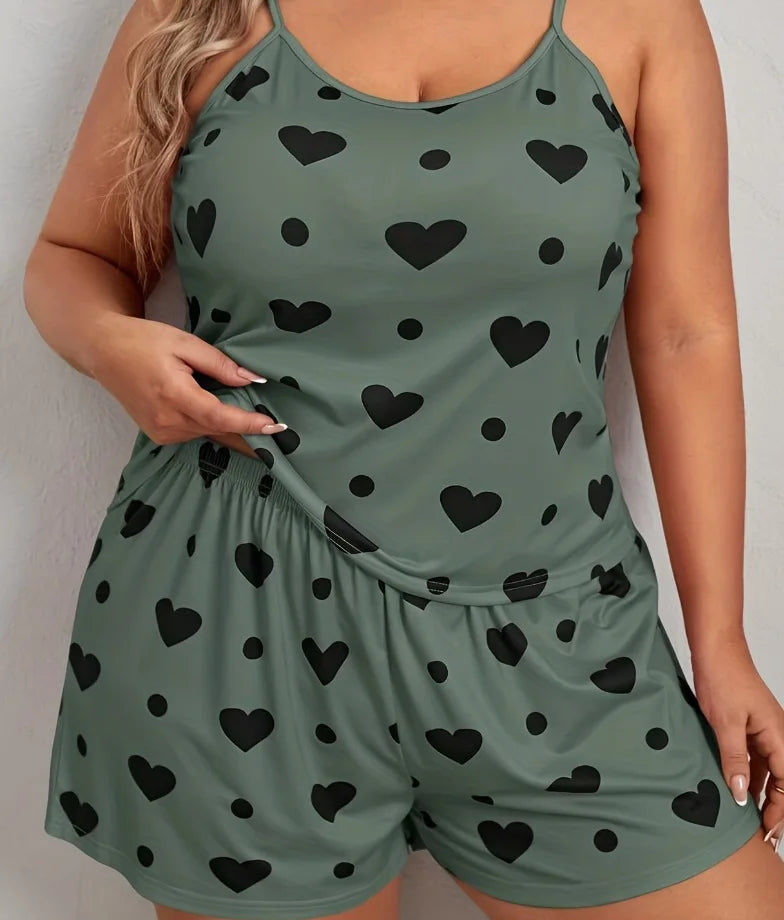 2026 Summer Women's Heart Print Pajama Set Sleeveless Elastic Waist Shorts 2 Pieces Female Sleepwear Nightwear XL-5XL Plus Size