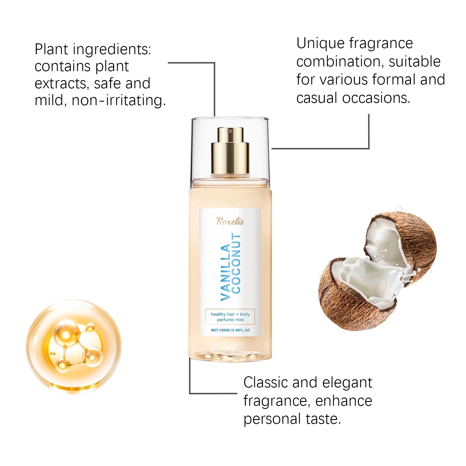 Vanilla Coconut Body Perfume Spray, long-lasting fragrance, exuding unique charm, fresh and romantic, portable perfume