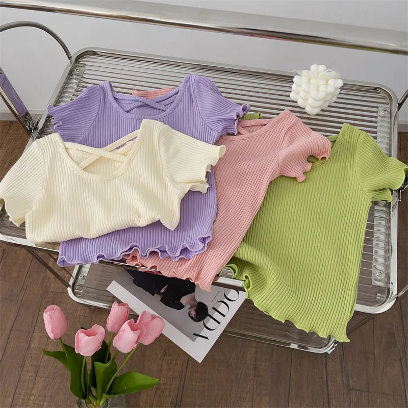 Girls T-Shirt Summer Children Short-Sleeved Casual Thin Soft Tops Simple Solid Color Kids Clothing 2-6 Years Baby Tees