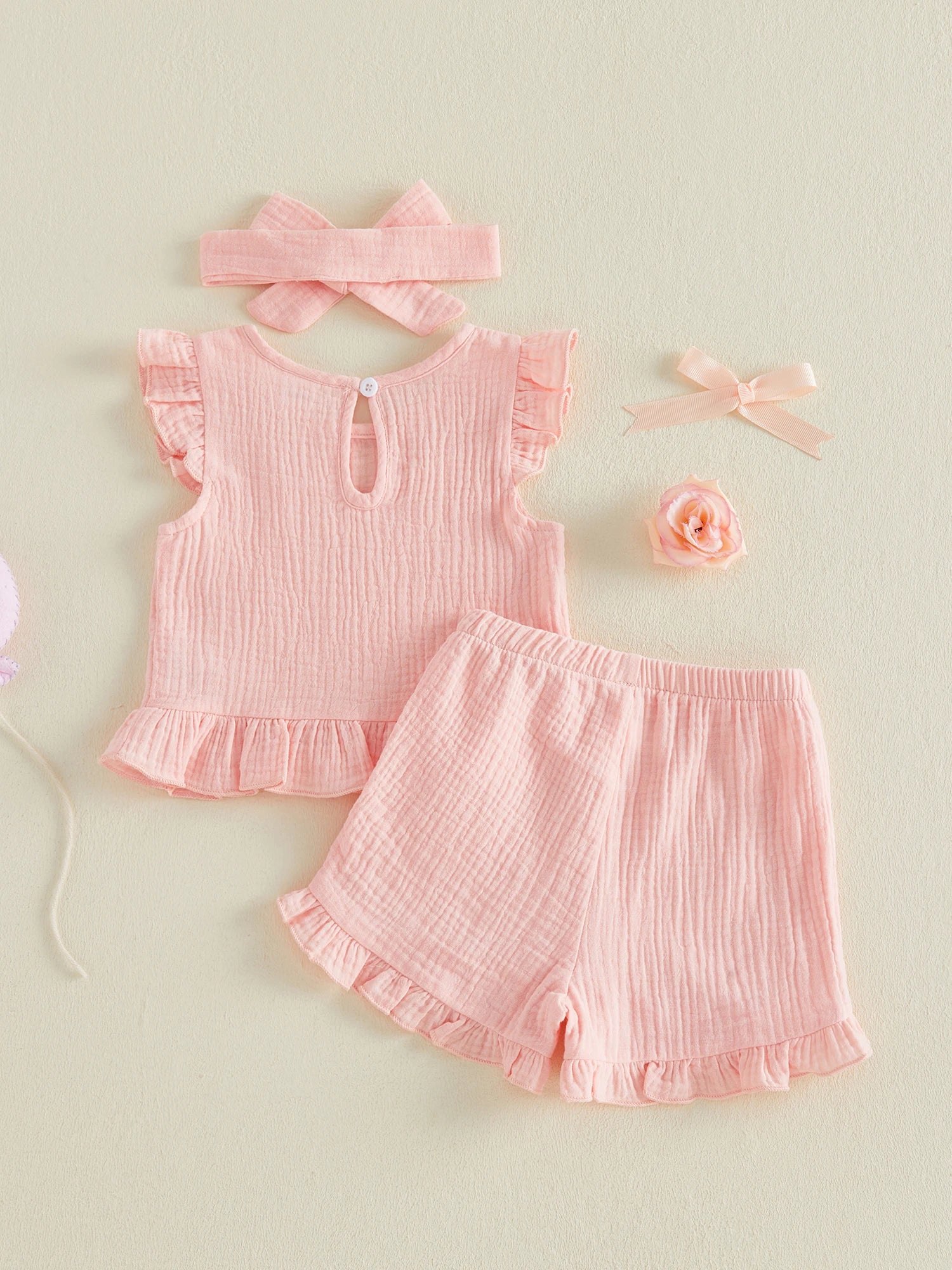 Little Girls 3 Piece Outfits Soft Adorable Solid Color Flying Sleeve Round Neck Tops Shorts Headband Set Baby Clothing