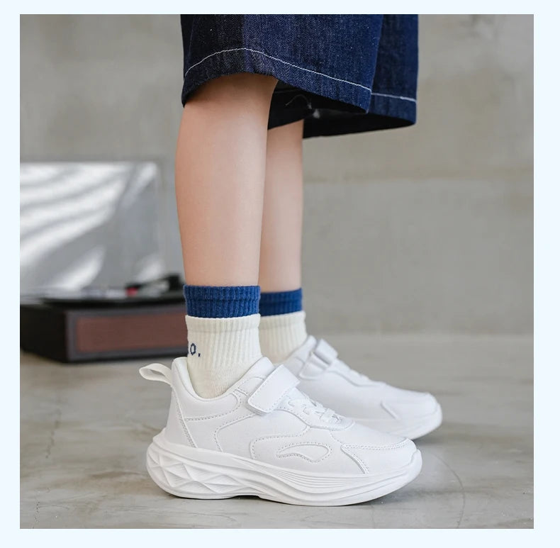 Kids White Leather Sneakers Lightweight Non-slip Casual Running Shoes for School Student Walking Outdoor Children Tennis
