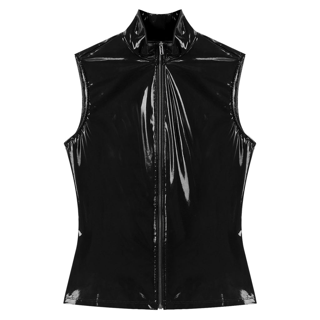 Mens Glossy Patent Leather Crop Tops Patent Leather Stand Collar Vest Top Clubwear Zipper Sleeveless Jacket Gothic Punk Clubwear