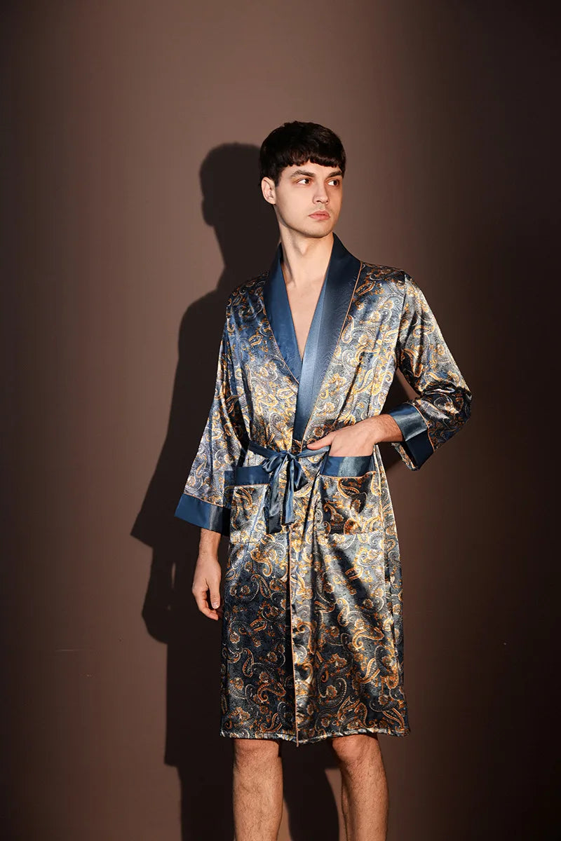 Pajama Men's Robe Kimono Gown Bathrobe with Pockets Print Sleepwear Home Clothing Spring Autumn Satin Nightwear Loose Loungewear