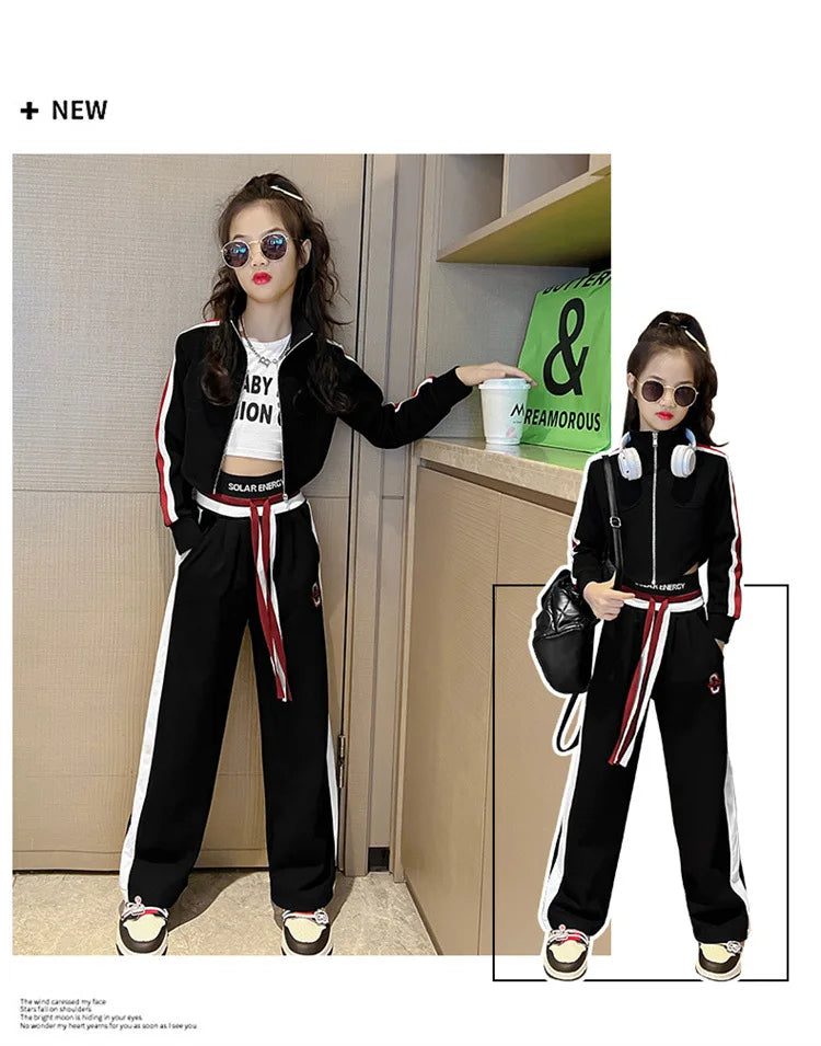 Childrens teenager girls Clothing Set Casual Sportwear Striped Short Top+Wide leg Pant 2pcs Girls Elastic Waist Trousers 4-15