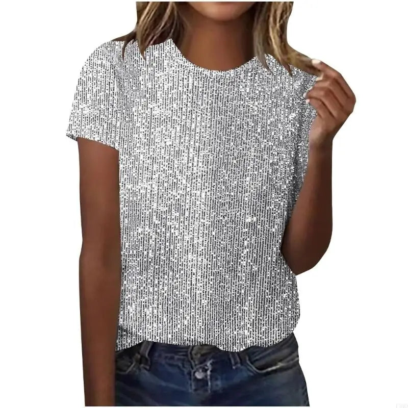 Tops Color for Women Glitter Short Sleeve Shirts Trendy Fashion Crewneck Top Loose Fit Glitter Shirts F3MD