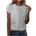 Tops Color for Women Glitter Short Sleeve Shirts Trendy Fashion Crewneck Top Loose Fit Glitter Shirts F3MD