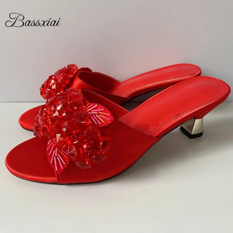 Red Silk Slingback Sandals with Unique Beaded Sequin Flower Design Strange Heel Summer Mules for Women