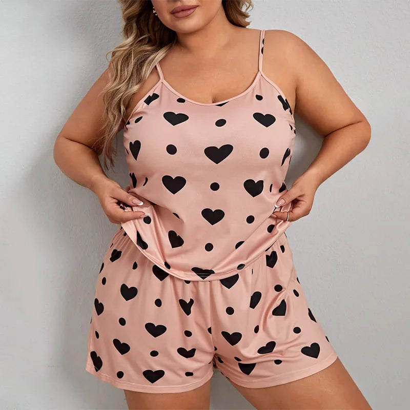 2026 Summer Women's Heart Print Pajama Set Sleeveless Elastic Waist Shorts 2 Pieces Female Sleepwear Nightwear XL-5XL Plus Size
