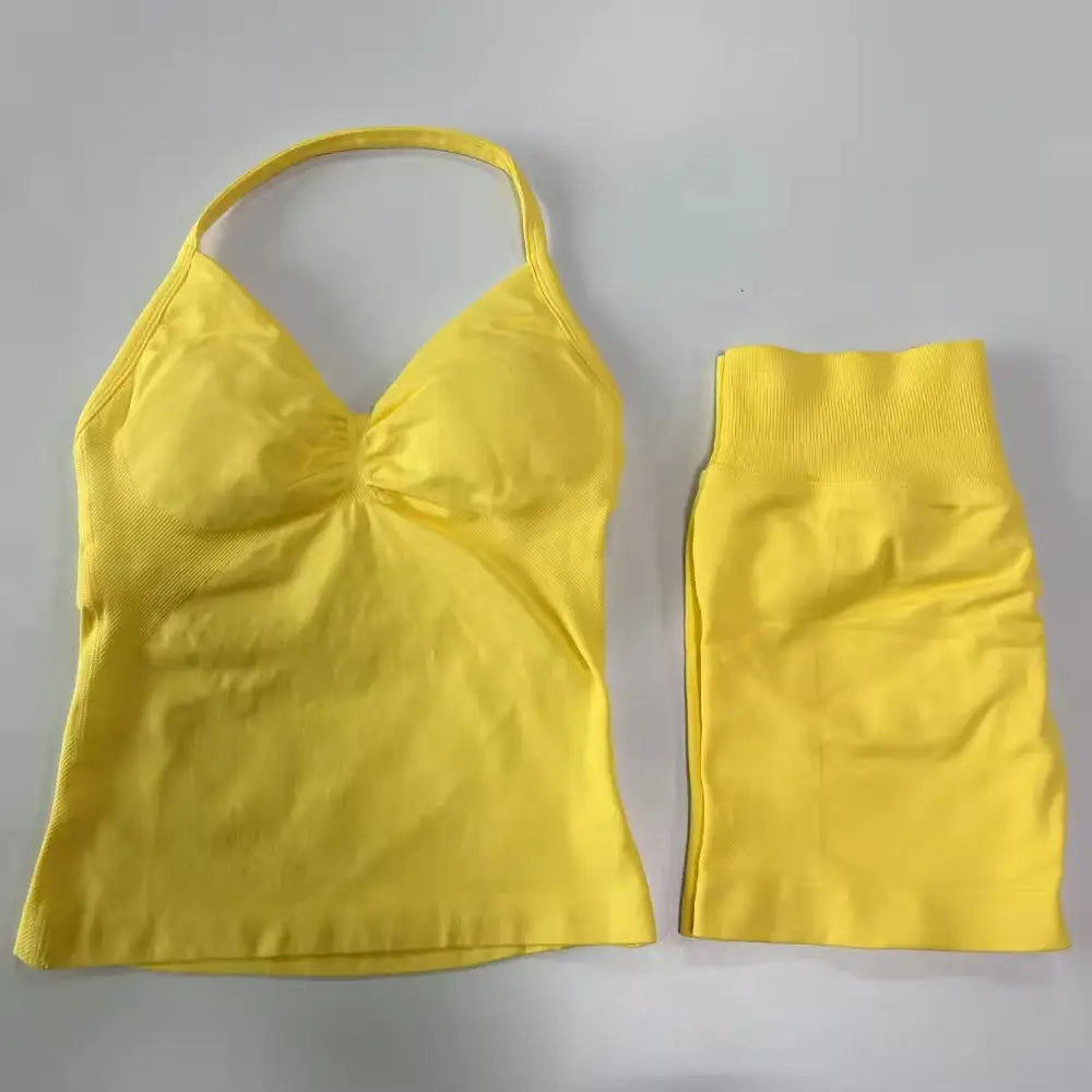 Workout Set 2 Pieces Sports Set Women Backless Tank Tops High Waist Scrunch Seamless Shorts Sport Suit Gym Set Sportswear