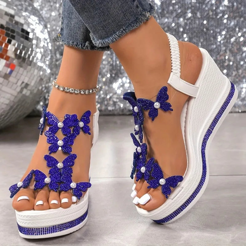 2025 new wedge sandals butterfly pearl decoration word with diamond