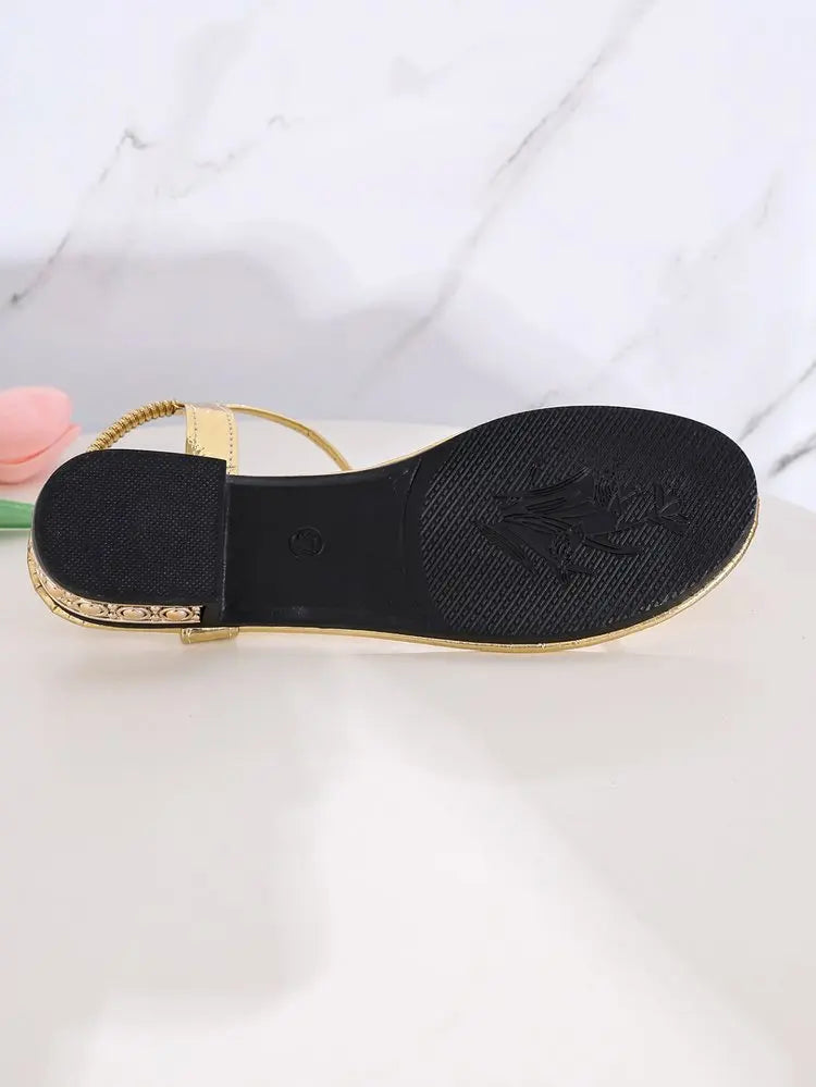 Women's Sandals Low Block Heel Rhinestone Leaf Thong Style Elastic Slingback Glossy Finish Summer Vacation Casual Dressy Shoes
