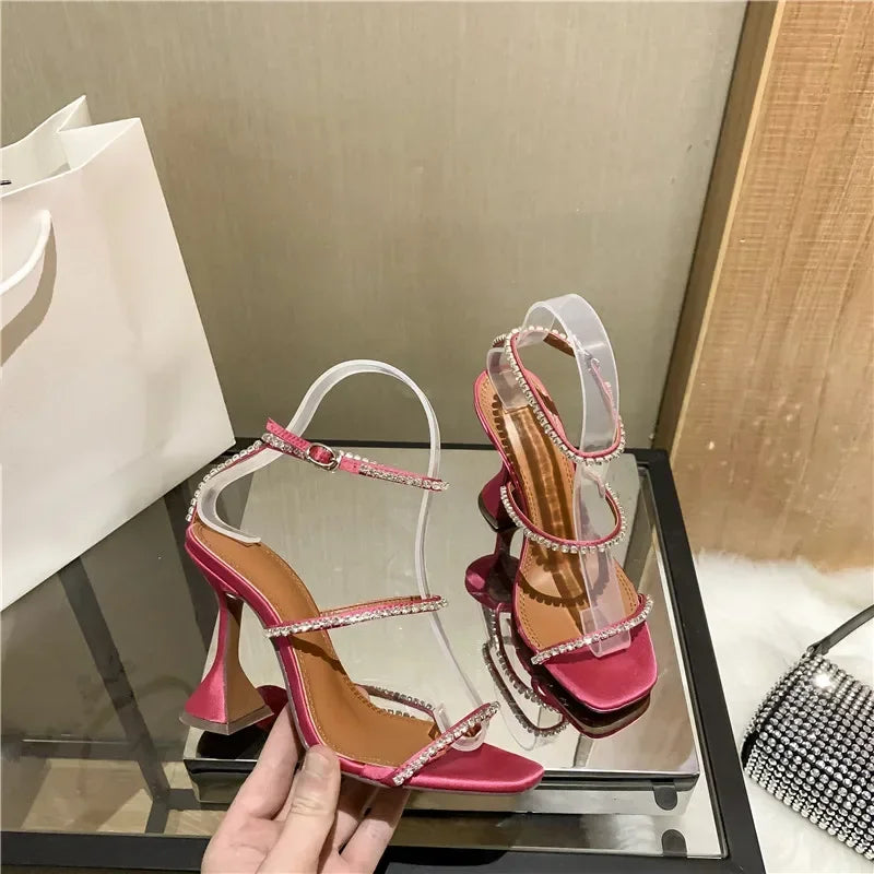 Women's Sandals  European and American Summer New High Heels Banquet Fashion Rhinestone Chain Open Toe Fine Heel Roman Sandals