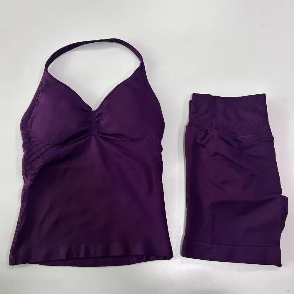 Workout Set 2 Pieces Sports Set Women Backless Tank Tops High Waist Scrunch Seamless Shorts Sport Suit Gym Set Sportswear