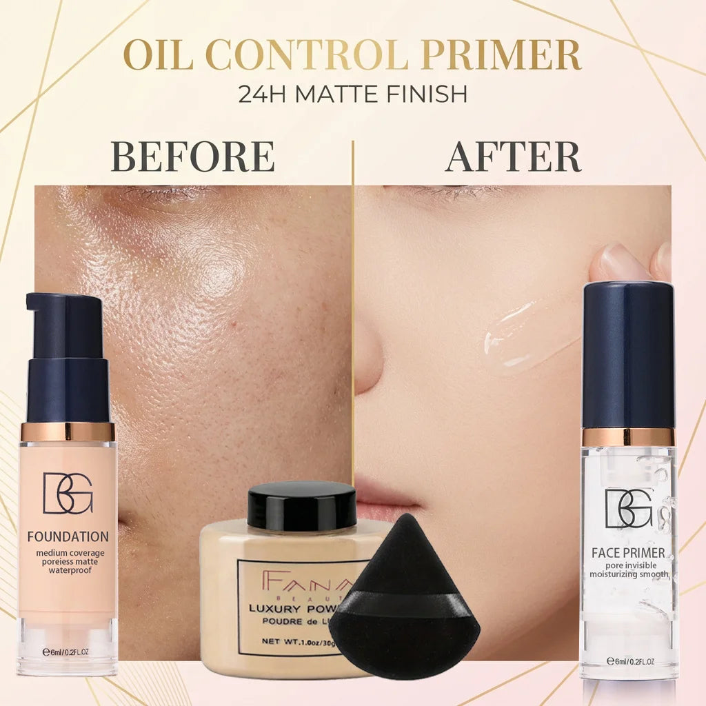 Marie Set de Maquillaje Facial de 4 Piezas — Primer Suavizante, Base Mate, Polvo Fijador con Borla, Paquete Impermeable de Larga Duración**