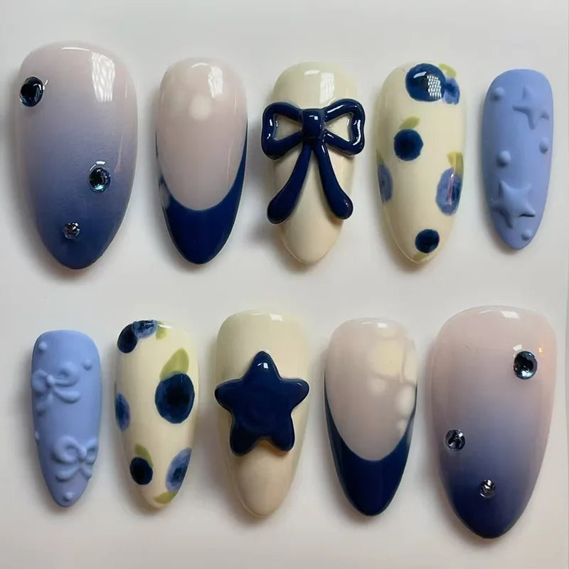 24Pcs Mid-length Almond False Nails Press on 3D Butterfly Pearl Bow Design Fake Nails Rhinestone Wearable Full Cover Nails Tips