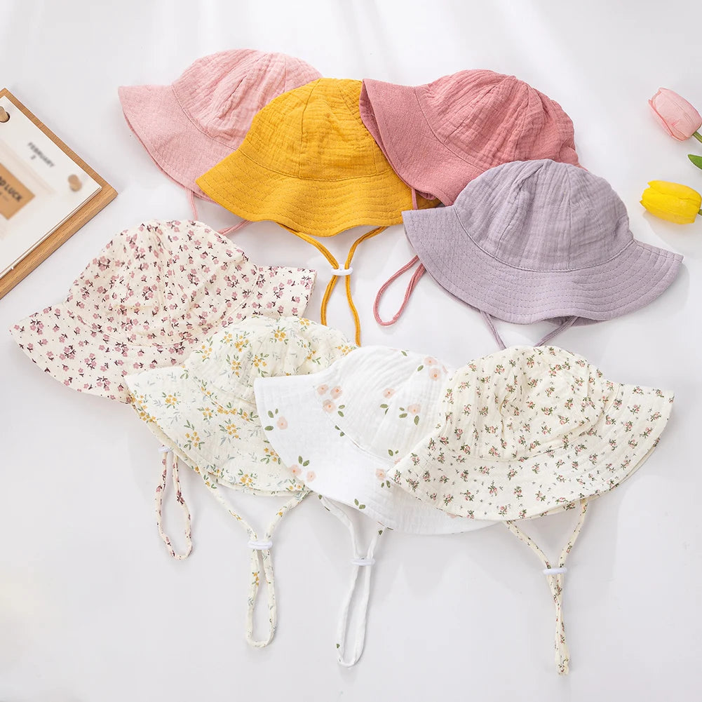 Floral Print Baby Bucket Hats Adjustable Solid Caps for Infant Boys Girls Sunscreen Outdoor Beanies Beach Fishing Headwraps
