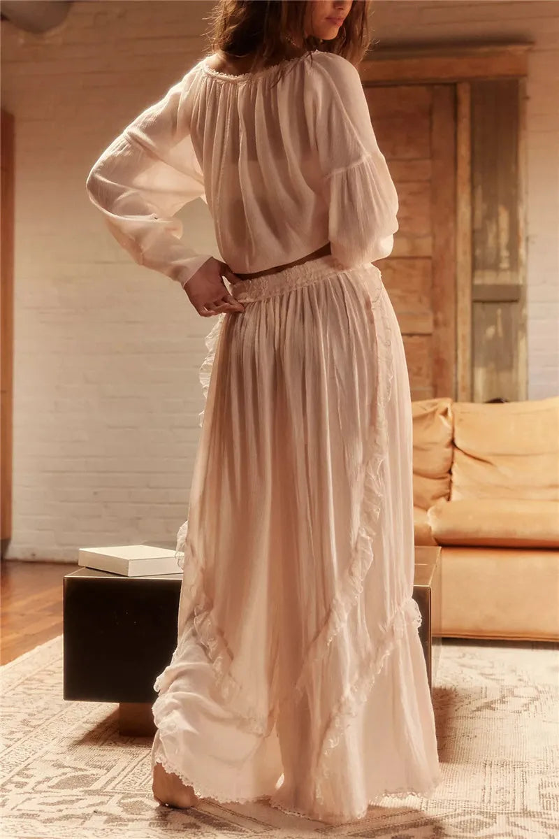 Womens Sexy Pajama Set Lace See Through 2 Piece Lounge Sets Long Sleeve Shirts and Wide Leg Pants Vintage Pj Sets Sleepwear