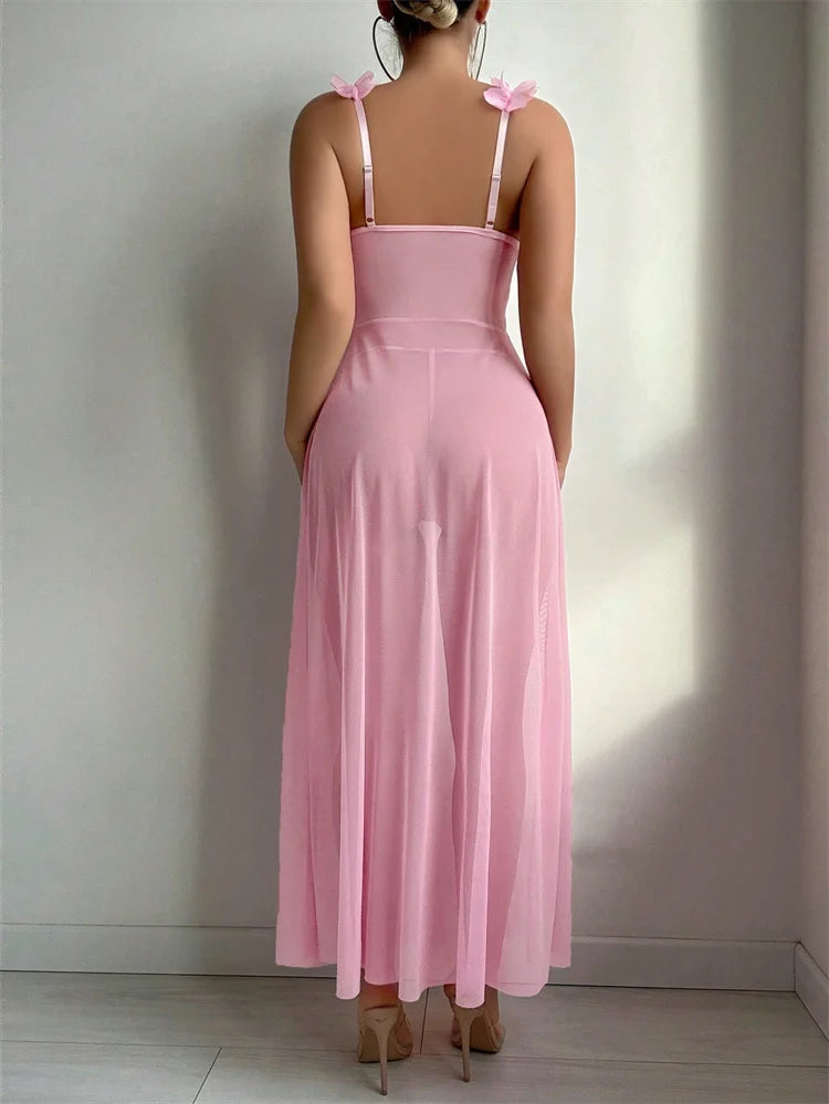 Sexy Women Nightgowns Pink Floral Sleepwear Summer Slip Night Dress Deep-V Lace Sleep Dress Mesh See Through Baby Doll Nightie