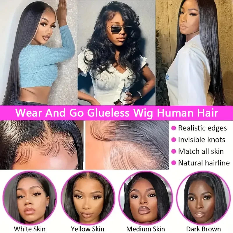 Glueless Wigs Virgin Human Hair Ready To Wear Pre Plucked Pre Cut No Glue 6X4 Bone Straight 100% Human Hair Lace Wigs for Women