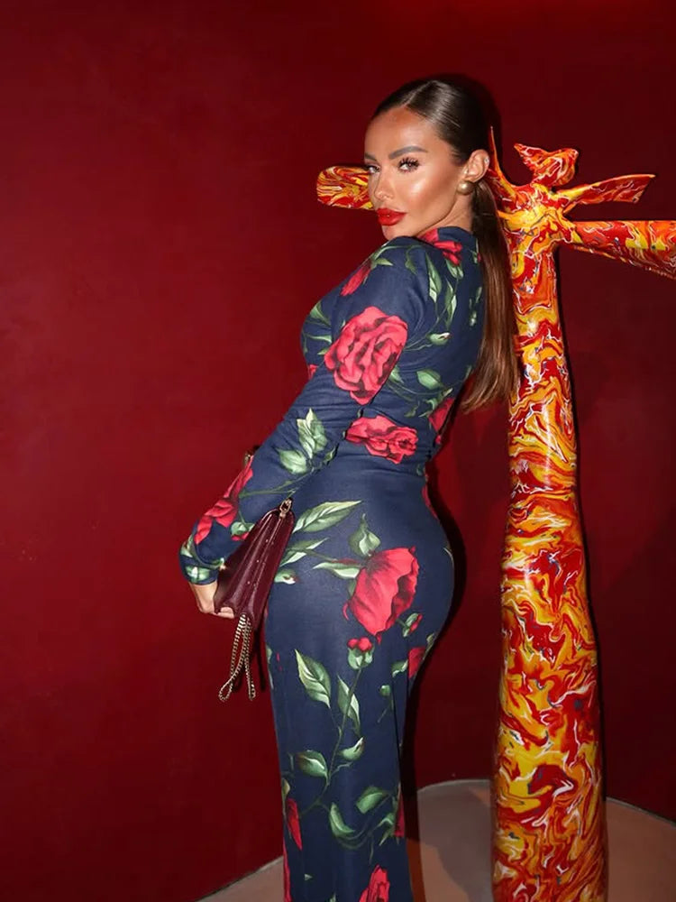 CNYISHE Flower Prints O Neck Women Dresses Sheath Trendy Fashion Elegant Evening Party Outfits Female Bodycon Long Sleeve Robes