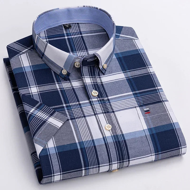 2026 100% Pure Cotton Men's Oxford Short Sleeve Square Collar Soild Plaid Striped Summer Casual Shirts Single Pocket  Shirt