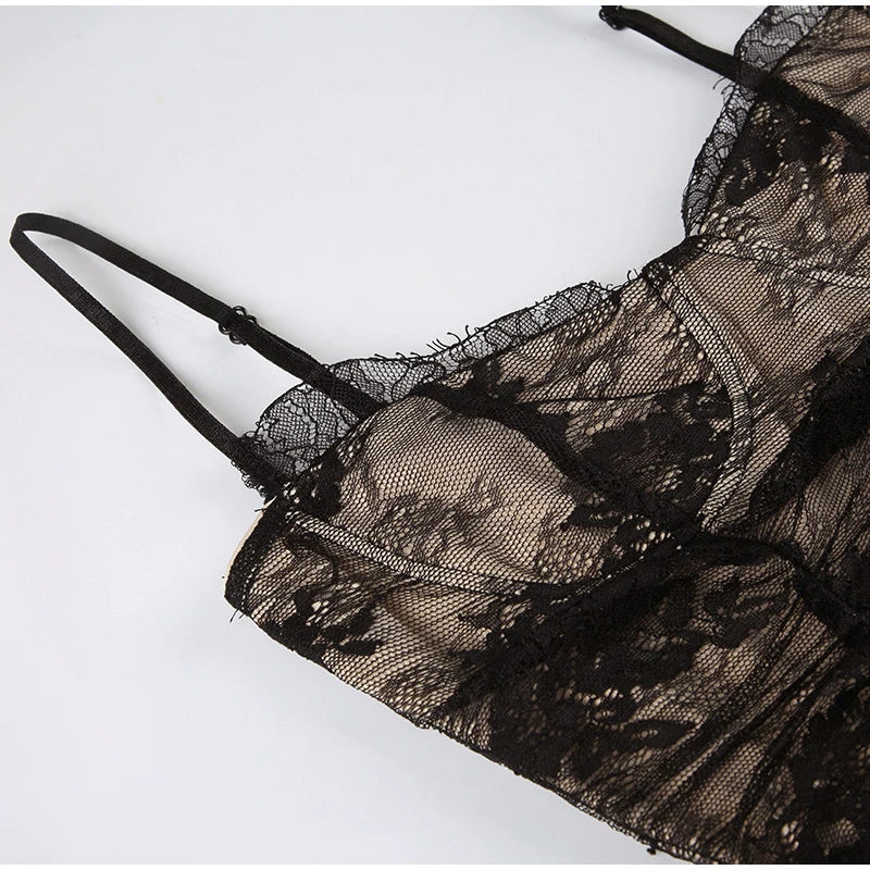 Sexy Lace Spaghetti Strap Dress Women Sleeveless Backless See Through Slim Split Long Dresses 2026 Spring Holiday Lady Robes