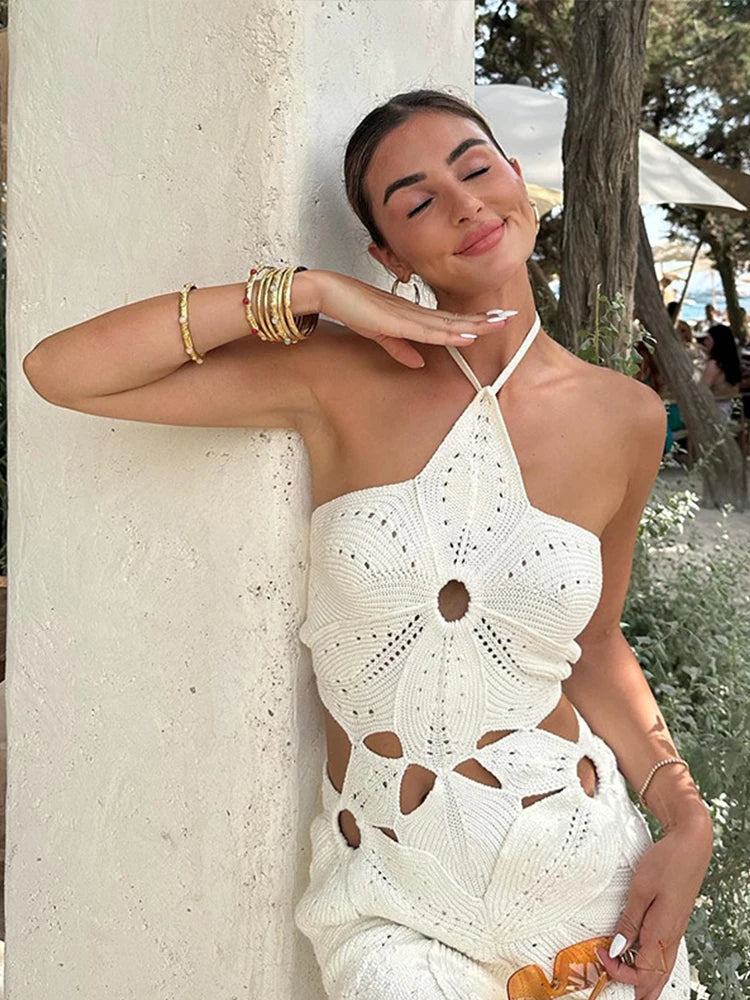 Hollow Out Halter Women Dress Sexy Backless Solid Mini Beach Dress Knitted Irregelar Petaling Short Dresses Female Slim Dress