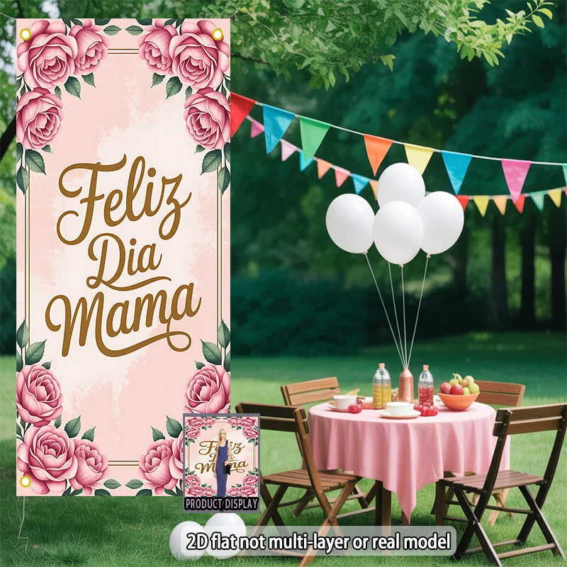 2D plane, 1 banner in Spanish and English saying "Happy Mother's Day" - pink roses and leaves curtain for the door