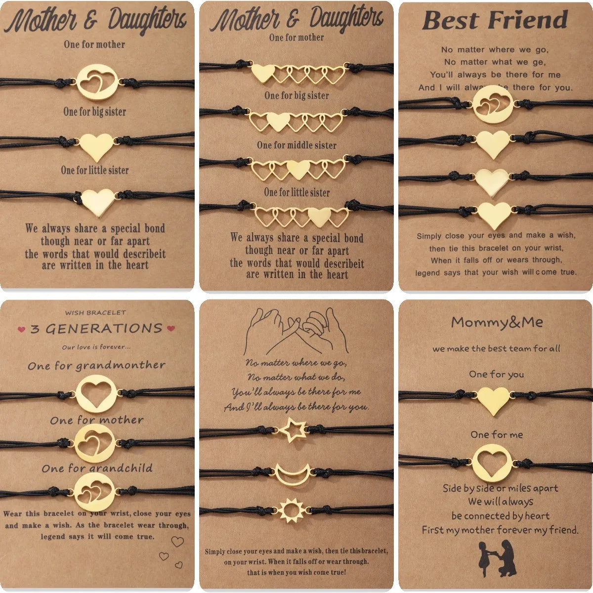 1Set Mother Daughter Bracelets Friendship Best Friend Rope Chain Thread Bracelet Cards Lover Gift Heart Christmas Men Jewelry