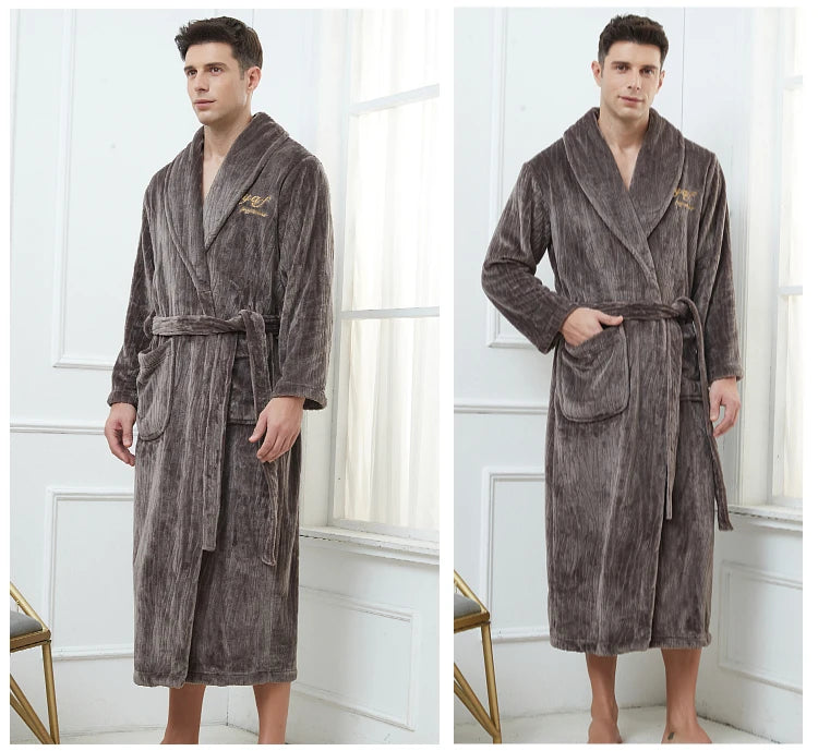 Plus Size 3XL 4XL Men Flannel Robe Winter Thickened Sleepwear Kimono Bathrobe Gown Warm Coral Fleece Loose Home Wear Nighwtear