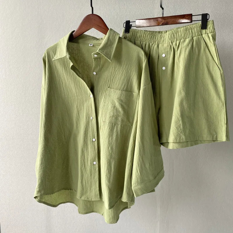 Two Piece Set Women Home Suit 2024 Cotton Linen Shorts Pajamas Sets Vintage Boho Shirt High Waist Loose Shorts Sets Sleepwear