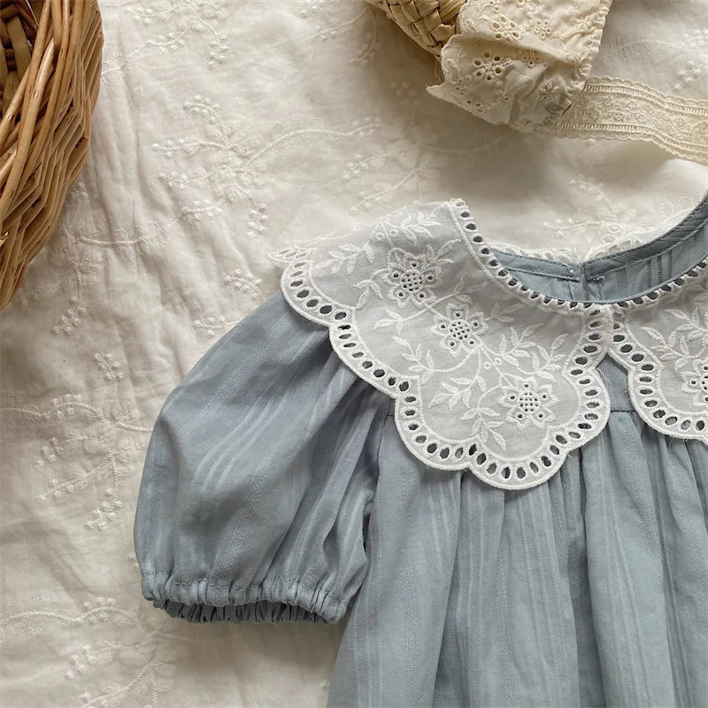 deer jonmi 2026 New Summer Baby Girls Princess Dresses Short Sleeve Korean Style Lace Collar Toddlers Kids Cotton Cute Dress