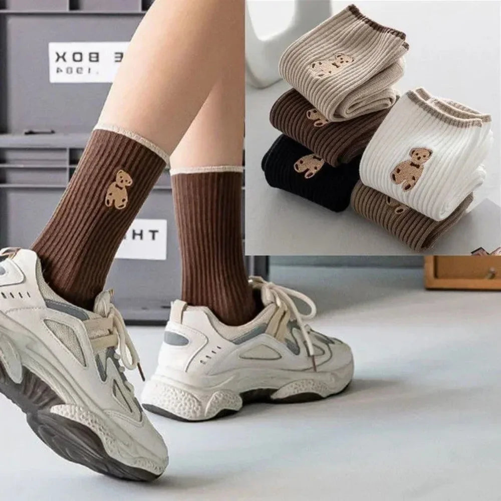 5pairs Cartoon Bear Socks Soft Cotton Socks Autumn Coffee Stockings Kawaii Women Socks Korean Casual Stockings Women Hosiery