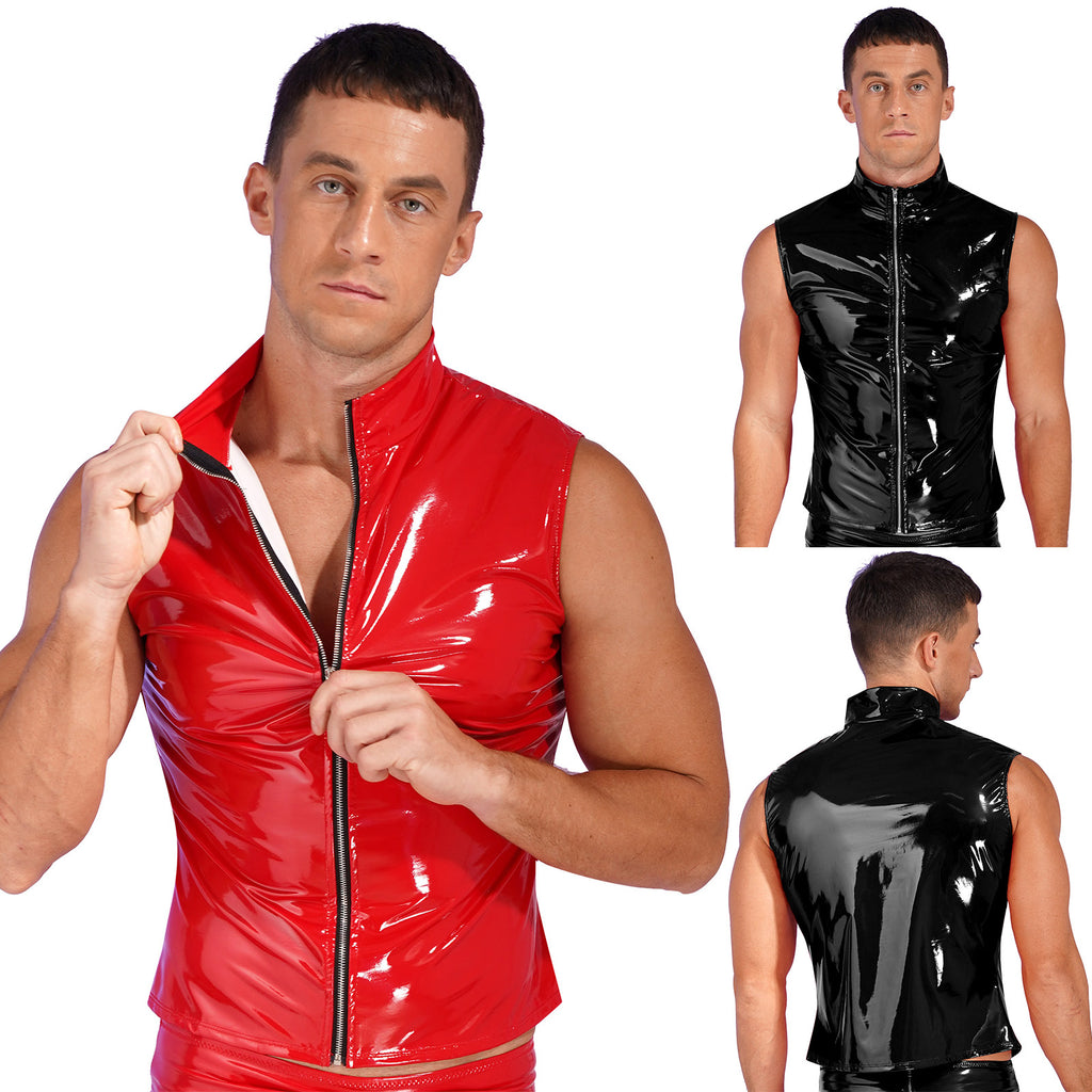 Mens Glossy Patent Leather Crop Tops Patent Leather Stand Collar Vest Top Clubwear Zipper Sleeveless Jacket Gothic Punk Clubwear