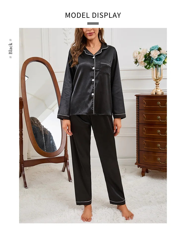 Women Satin Pajamas Autumn Long Sleeve Buttons Lapel Top & Pants Sleepwear 2 Piece Button-Down Pj Set Homewear Cozy Lounge Set