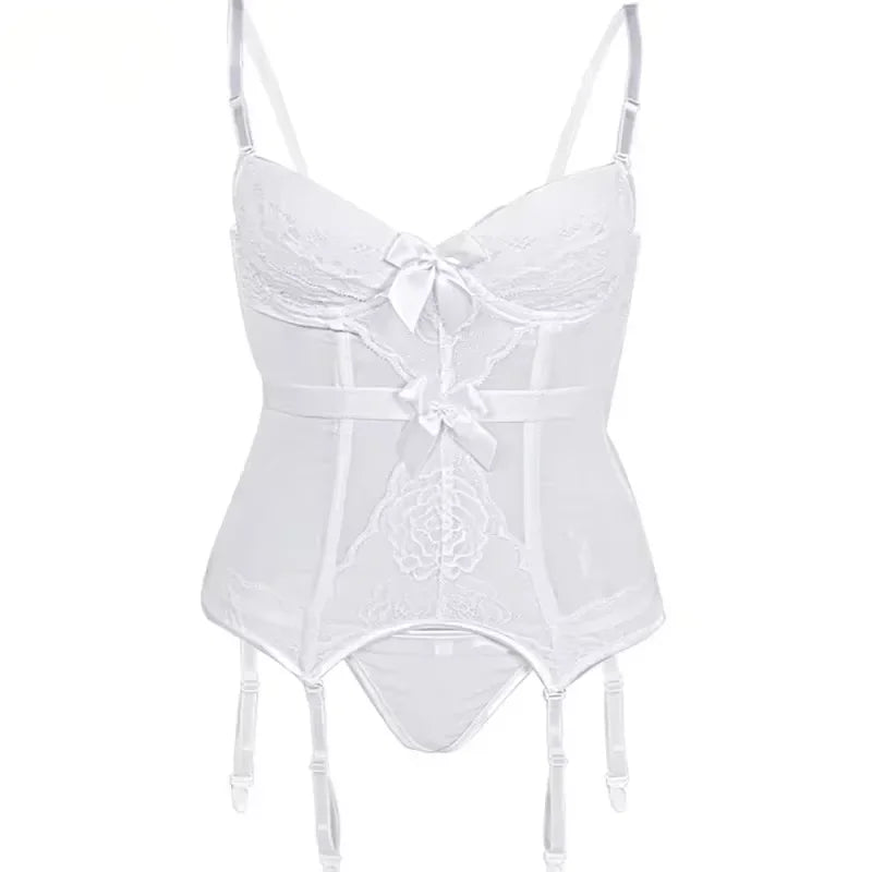 Black Floral Lace Sexy Lingerie Corset Push Up Bustier Straps Women Sleepwear Nightwear Chemise Underwear With Suspenders