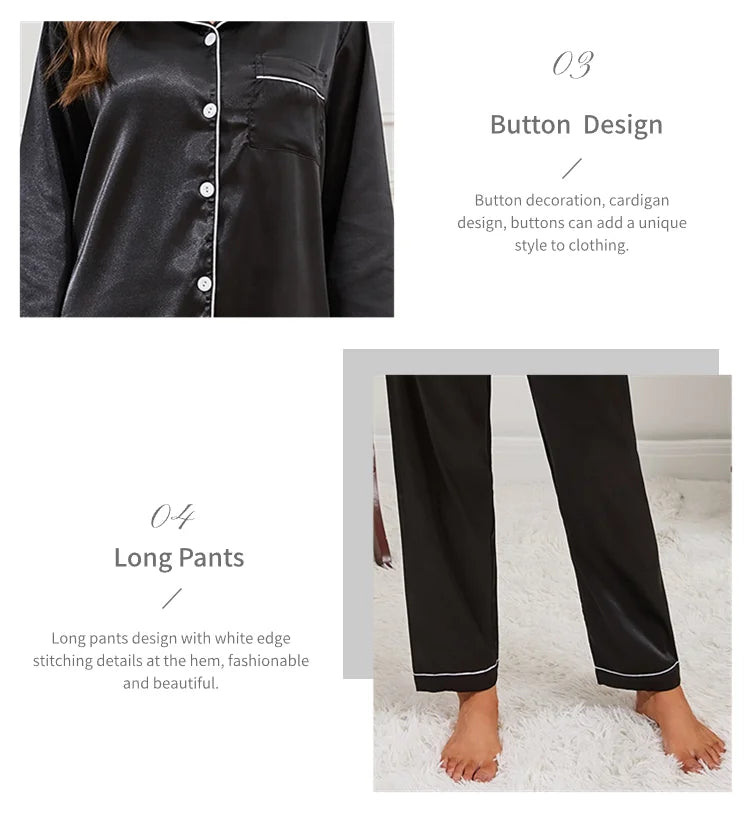 Women Satin Pajamas Autumn Long Sleeve Buttons Lapel Top & Pants Sleepwear 2 Piece Button-Down Pj Set Homewear Cozy Lounge Set