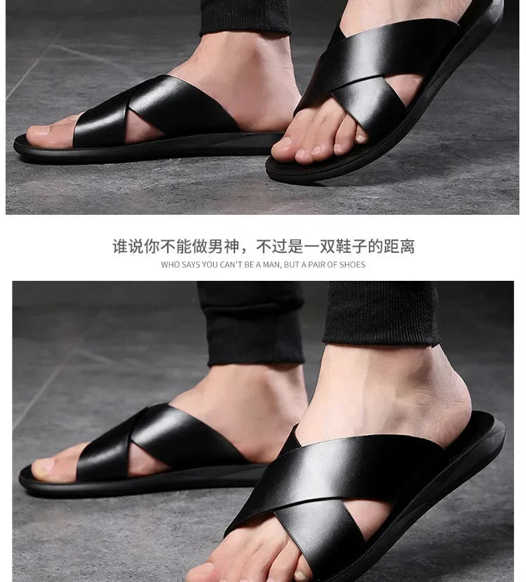 Sandals for Men Slippers Genuine Leather Luxury Brand Fashion  Men Flats Casual Non-slip Beach Sandalia Zapatos Hombre 2024