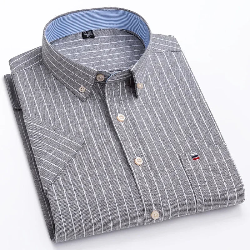 2026 100% Pure Cotton Men's Oxford Short Sleeve Square Collar Soild Plaid Striped Summer Casual Shirts Single Pocket  Shirt