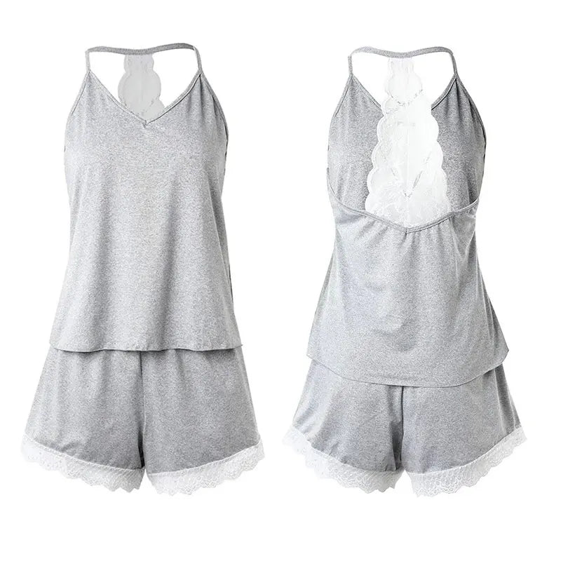 Women's Crochet Lace 2 Pieces Pajamas Sleeveless V-Neck Set Casual Sleepwear Suit Sexy Solid Home Clothes Summer Wear