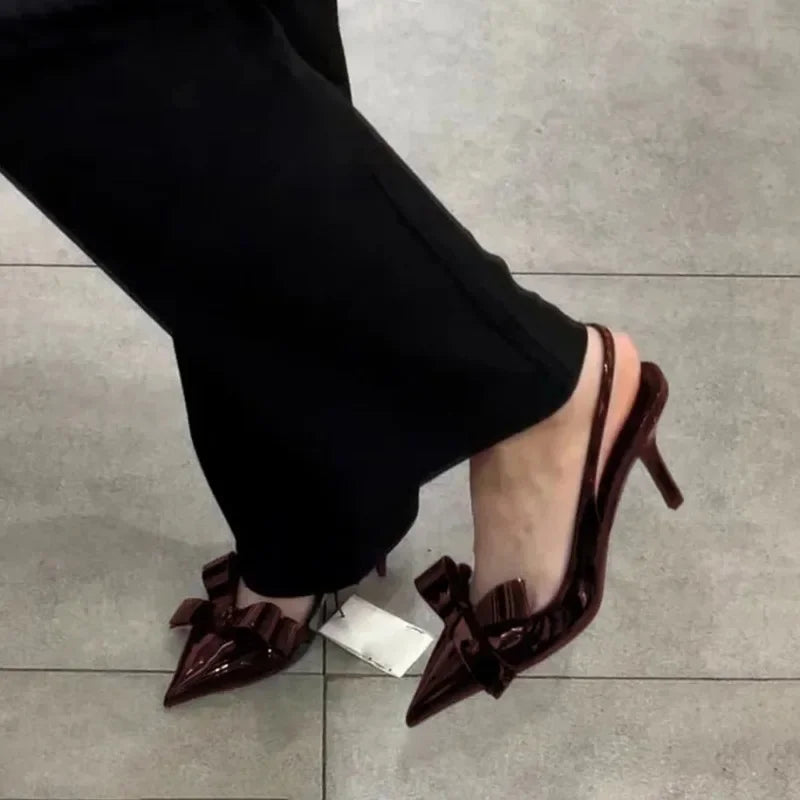 2025 Slingback Sandals for Women Summer Brand Design High Heels Butterfly-Knot Fashion Pointed Toe Patent Leather Ladies Shoes